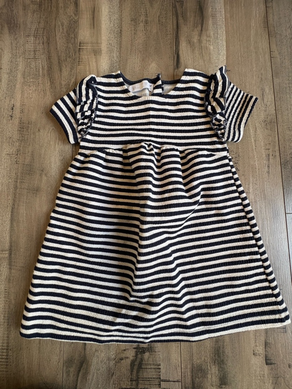 SOLD Zara Navy and White Striped Knit Dress with Ruffle Sleeves
